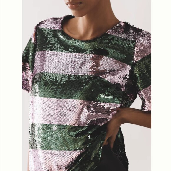 Brand New Maeve Short-Sleeve Sequin Striped Top - Picture 1 of 7